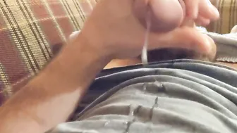Gigantic jizzed on shirt gigantic orgasm after edging huge penis leaking thick cum solo masturbating