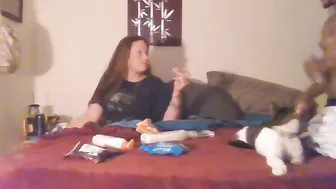 Lovers smoking and cuddling