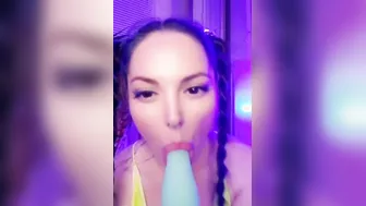 Party cunt with mouth fucks herself with a neon vibrator