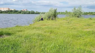 Man Outdoors Flash Dick and jizzed near blone women with gigantic natural jugs on nature