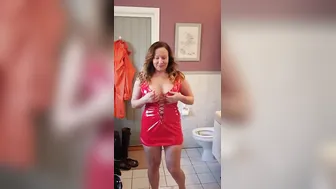 Freaky mom dresses up inside red pvc dress - gigantic hooters