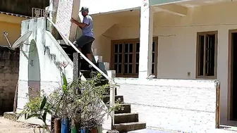 Nudist housewife taking tub inside front yard