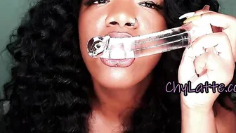 MY LEAKING MOUTH AND LONG TONGUE SUCKING OFF ON GLASS VIBRATOR