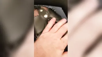 Ballgagged into overall catsuit. Cum with plastic hood