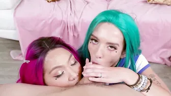 He getting a fellatio from his step sister and her friend