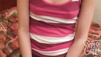 Petite blonde teen with a shaved pussy sucks cock