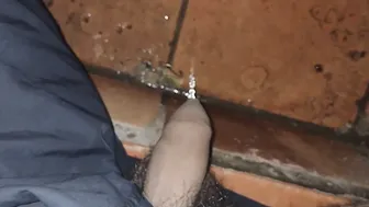 Unshaved boy pee on the stair with my penis under my shorts