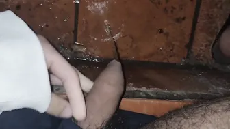 Unshaved boy pee on the stair with my penis under my shorts