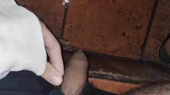 Unshaved boy pee on the stair with my penis under my shorts