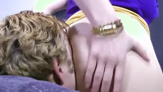Dominated college girl got instruction to lick the booty and asshole of his blond professor.