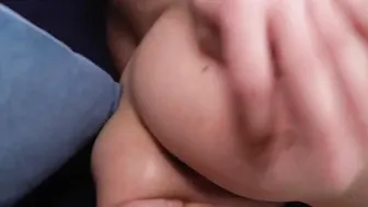 brune inside pantyhose on blue couch getting cum on face