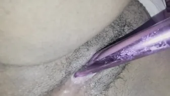 My twat all wett an creamy having fun into this vagina as I stroke husbands cock with my foot