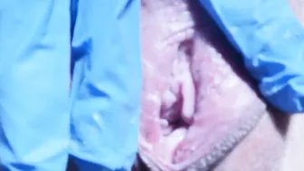 Morning quick close up masturbation into medical glove till orgasm.