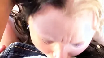 Pov: Inked skank with gigantic breasts blows cock inside outside on her knees