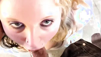pov: Inked skank with gigantic breasts blows cock inside outside on her knees