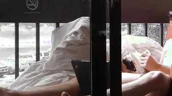 Nude boy jerking off inside hotel balcony during snow storm