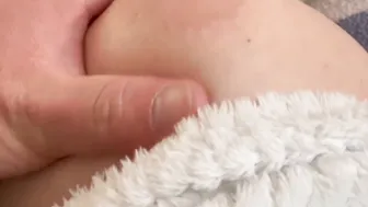 Hand Job with a lot Cum on Huge Hooters when He Play with My Nipples