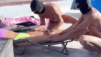 group petting. 2 guys caress a bimbos into a outside place