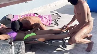 group petting. 2 guys caress a bimbos into a outside place