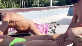 group petting. 2 guys caress a bimbos into a outside place