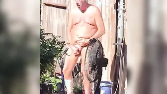 Hands free cummed inside shower outdoor