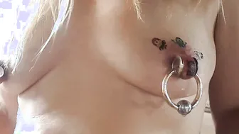 nippleringlover freaky MILF sticking tattoos on gigantic pierced nipples close up