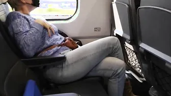 Freaky cougar get her crossed legs orgasm on a train