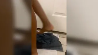 Desperation pissing inside outdoor laundry room