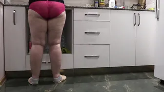 Inside the kitchen into red underwear old bbw cougar
