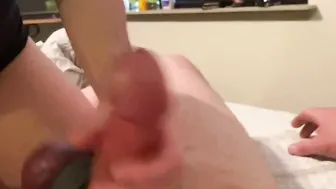 Making his banded blue nuts Cum