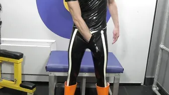 hot Bro inside Shiny Tight African Latex Pants  Top  Bright Orange Boots Jerking His Big Soak Dick.