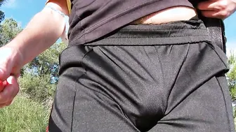 Flashing my bouncing bulge inside Hot shiny Adidas sweatpants