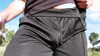Flashing my bouncing bulge inside Hot shiny Adidas sweatpants