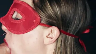 Head with red lipstick ends with gigantic creampie on face.