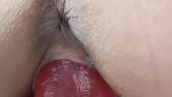 Penis craving bimbo with gigantic butt riding vibrator and blows gigantic penis and swallows cum