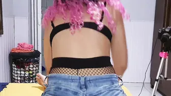 Jeans shorts and fishnets assjob grinding dry hump till cum into panties