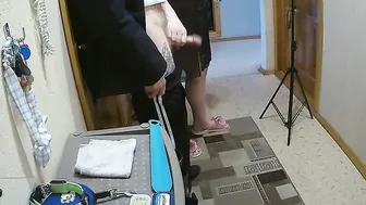 a friend jerks off my dick into the front room