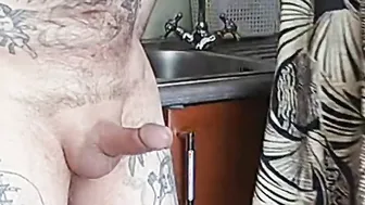 fat woman masturbates my dick inside the kitchen