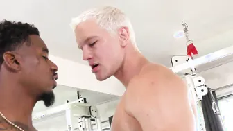 Blonde white boi plowed by two muscular african guys down at the gym
