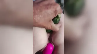 Filthy Whore does double penetration with Vegtables