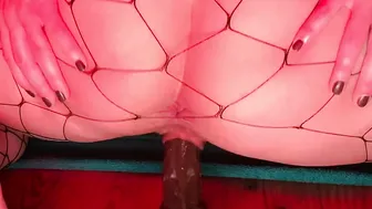 UHD 4K Hoe CADY NICE German Amateur ride big black cock Toy inside Fishnet with her tight Vagina and Nice Ass