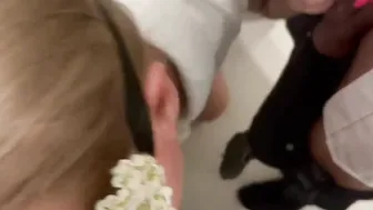 double suction. Depraved bitch blows 2 gigantic dicks into the WC