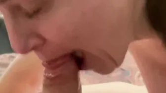 Old mom blows him till he ejaculates then shows her prize and swallows with a smile on her face