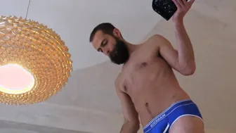 Handsome dude from a street paints the ceiling inside our room and getting a boner while doing it