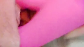 Pink Dildo into Pink Shaved Snatch