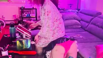 Sissy nikki getting humiliated inside chastity while gets fem dom Delilah ready for bull teaser