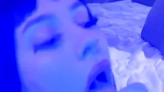 Hottie into a college girl costume sweetly blows a latex penis