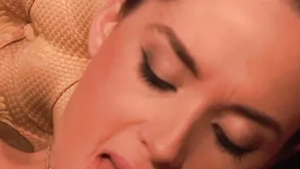 Dark Hair goddess with gigantic melons takes care of a thick