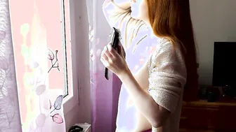 Nude redhead teens hair brushing at home