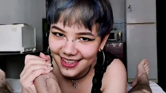 A chick with a teenie face has a mouth full